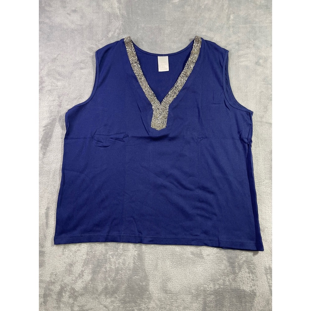 Blue Embellished Rib Tank Top Beaded V-Neck Cotton Sleeveless 3X/3T F3041781